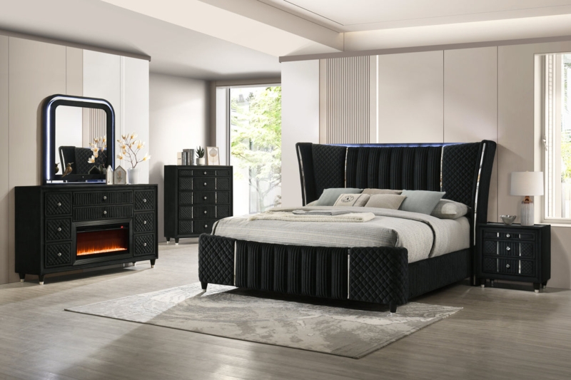 Luxury Bedroom Set Fireplace Dresser LED Headboard Velvet