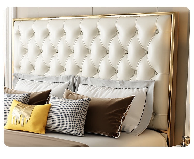 Luxury Off-White Leather-Like Headboard with Polished Gold Metal Frame
