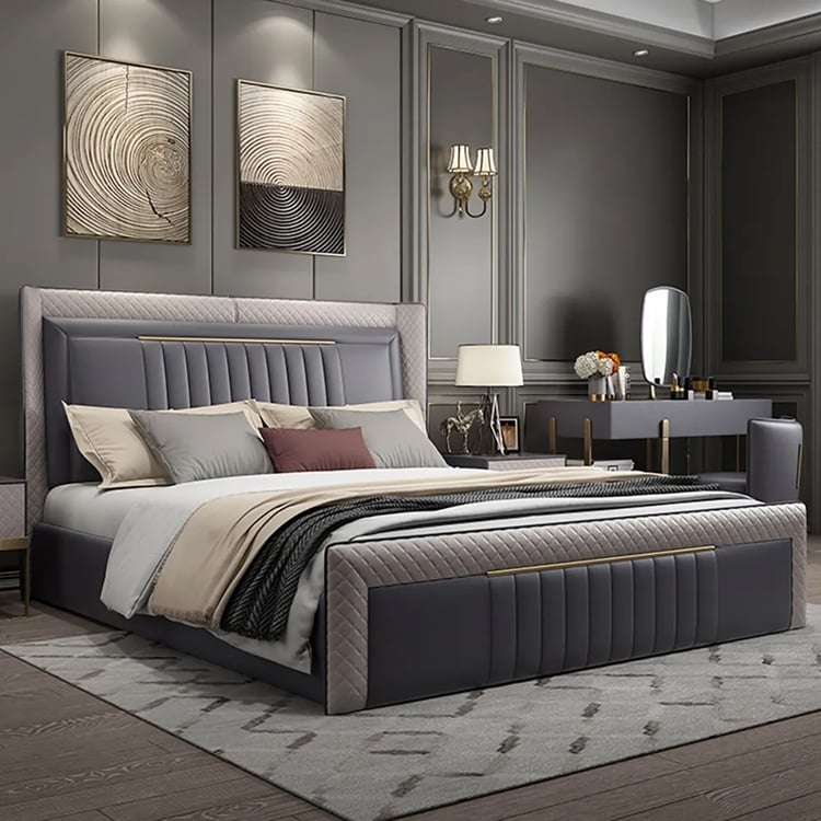 Luxury Platform Bed Charcoal Gray Diamond Quilted Wingback