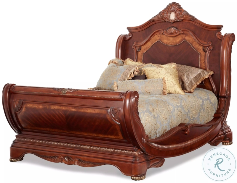 Luxury Sleigh Bed Frame with Intricate Carvings and Inlay Details