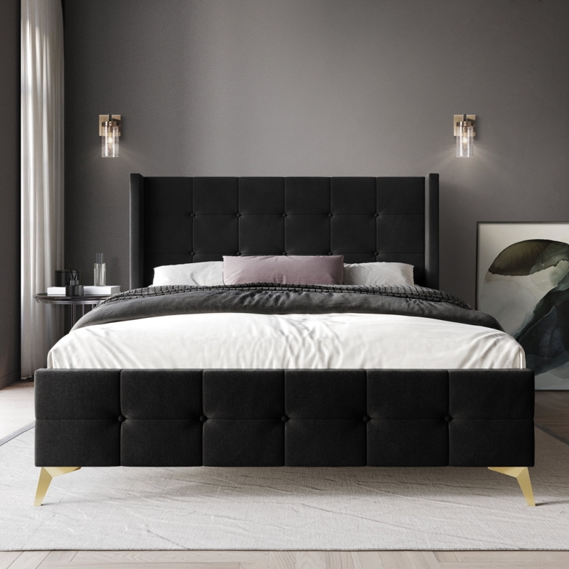 Luxury Upholstered Bed With Mirrored Trim And Crystal Button Tufting