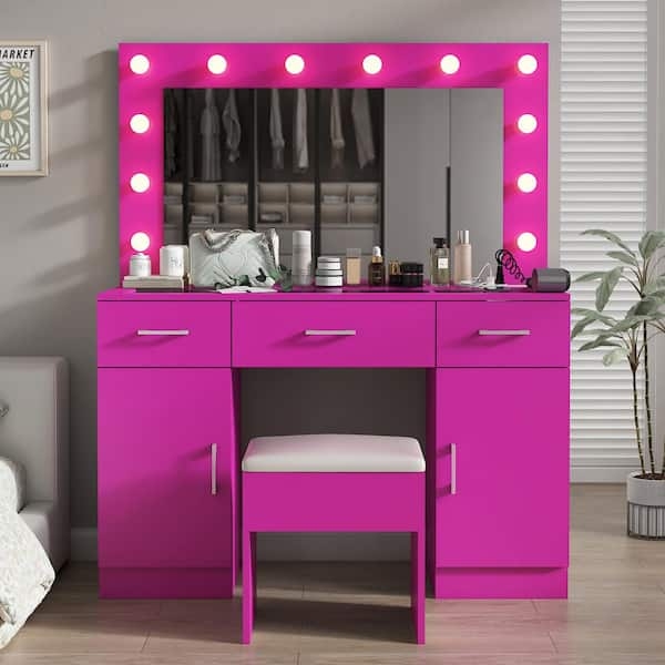 Magenta Makeup Vanity with Hollywood Lighting and Stool