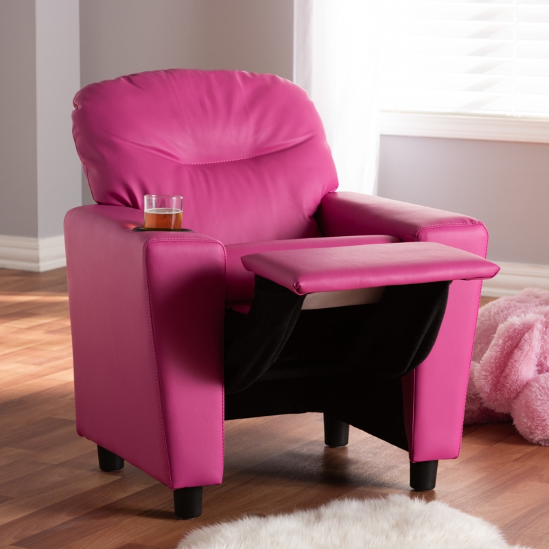 Magenta Pink Kids Recliner with Cup Holder, Faux Leather