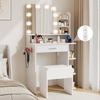 Makeup Desk with Integrated Power Outlet and Hair Dryer Holder
