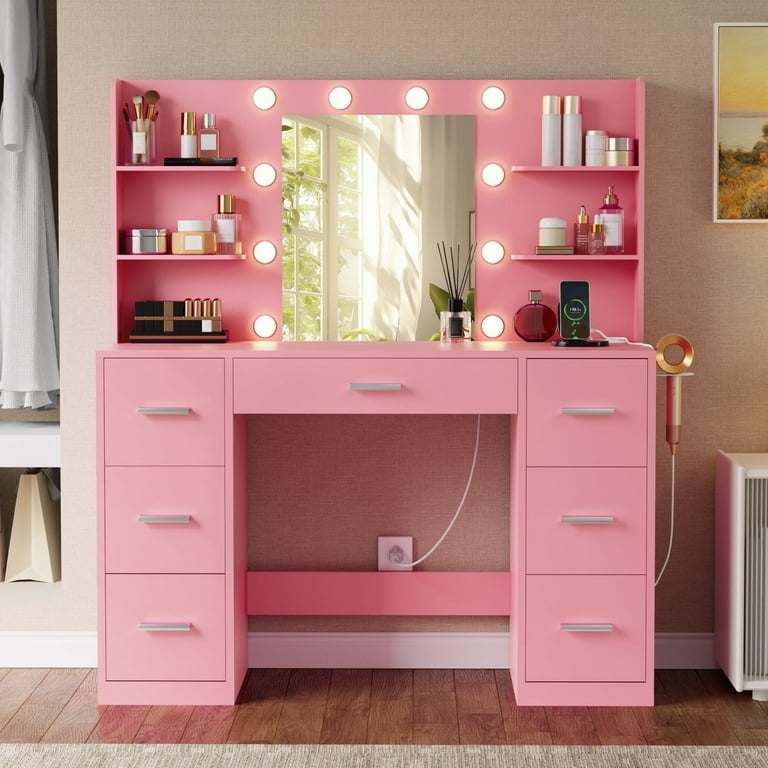 Makeup Desk with Marquee Lighting, Seven Drawers, Power Outlet