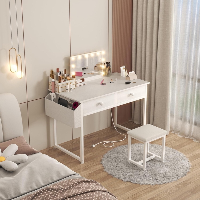 Makeup Table with Lights, Fabric Drawers, and Side Pocket