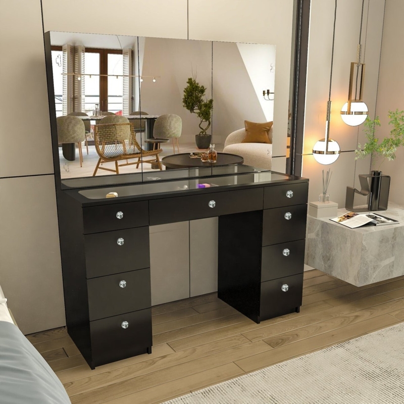 Makeup Vanity Black Tri-Fold Mirror Seven Drawers Glass Top