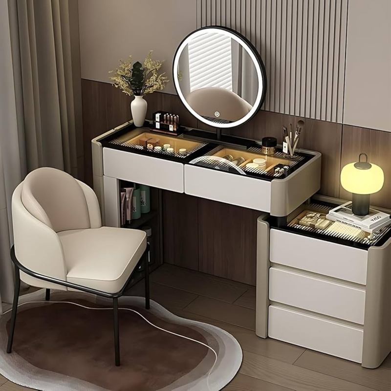 Makeup Vanity Circular LED Mirror Curved Back Chair Ribbed Panel