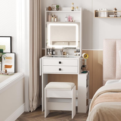 Makeup Vanity Compact White Design with Integrated Shelving