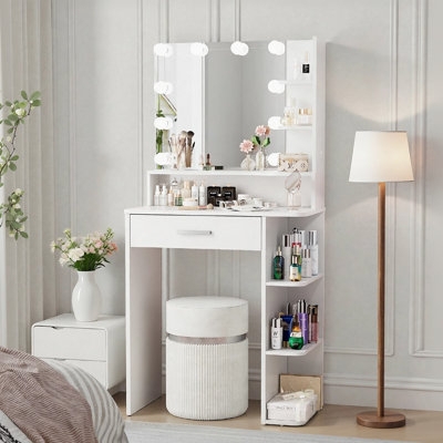 Makeup Vanity Compact White Desk with Ribbed Stool and LED Mirror