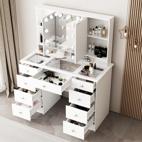 Makeup Vanity Desk featuring Bulb-Lit Tri-Fold Mirror and Glass Top