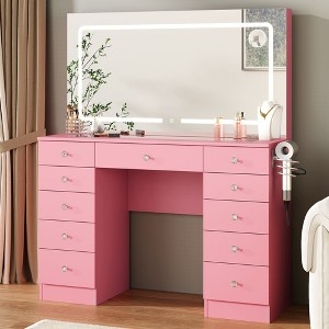 Makeup Vanity Desk with Eleven Drawers, Glass Top, and LED Mirror