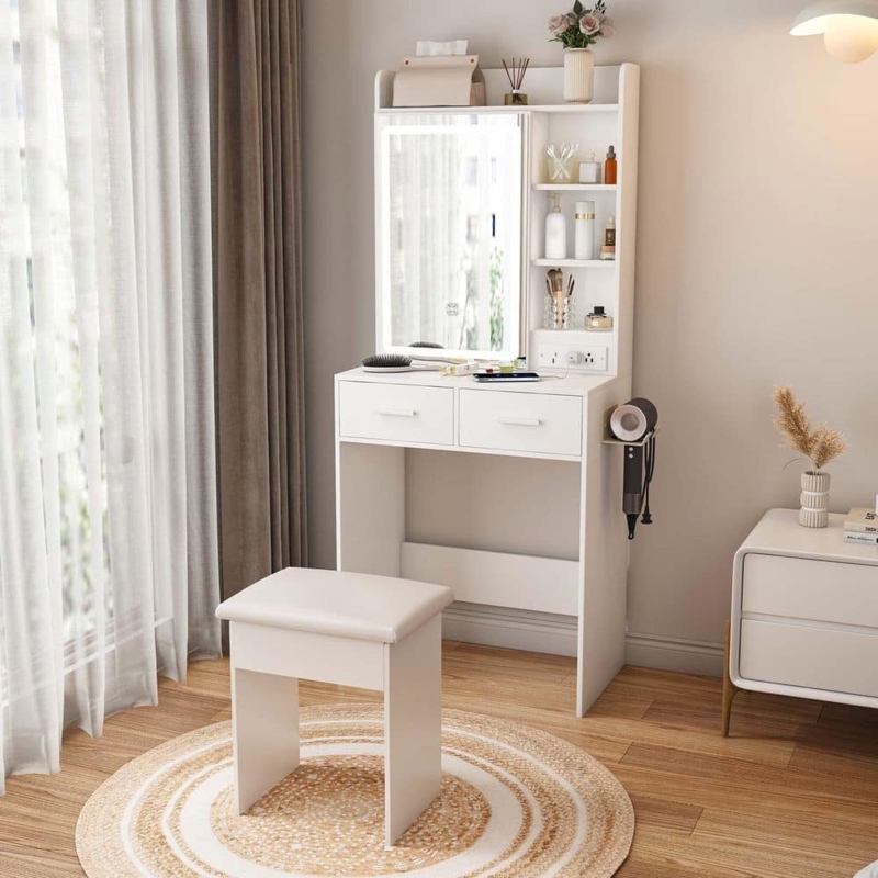 Makeup Vanity Desk with Side Shelving & Hair Dryer Holder