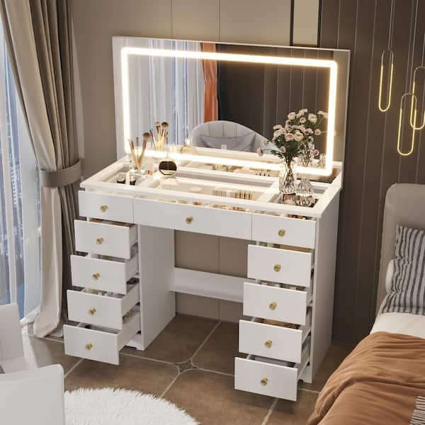 Makeup Vanity Eleven Drawers Glass Top Integrated LED Mirror