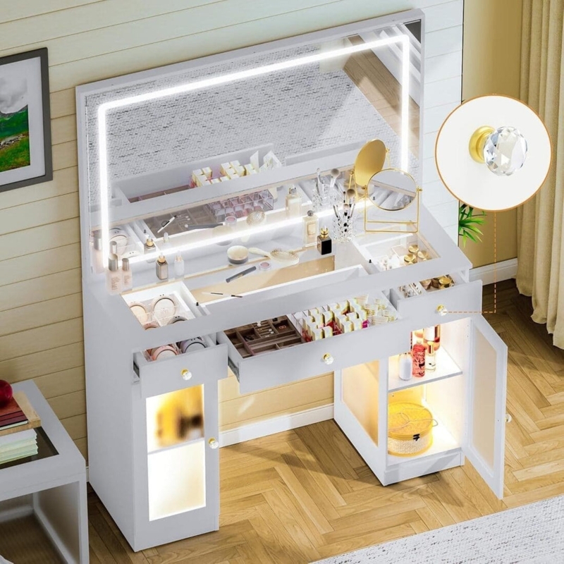 Makeup Vanity Illuminated Cabinets LED Lighted Mirror Crystal Knobs