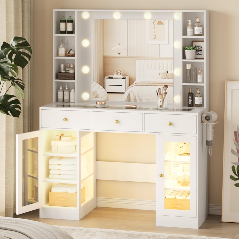 Makeup Vanity Integrated Bulbs Glass Top Drawers Illuminated Cabinets