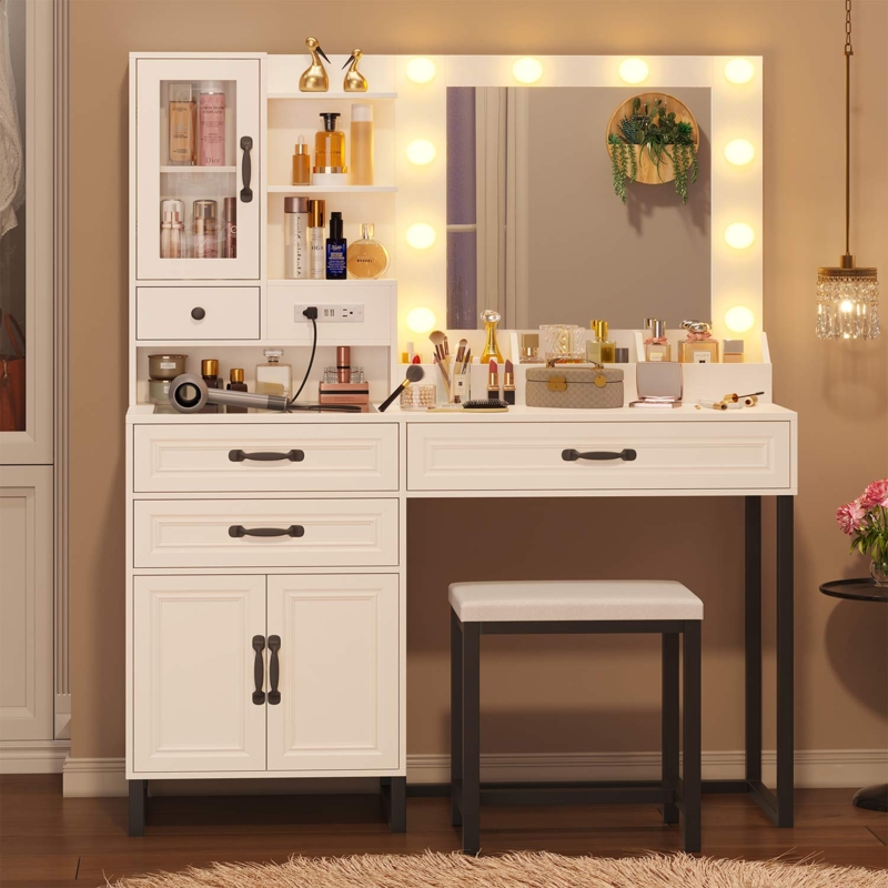 Makeup Vanity Integrated Power Strip Glass Top Compartment Stool