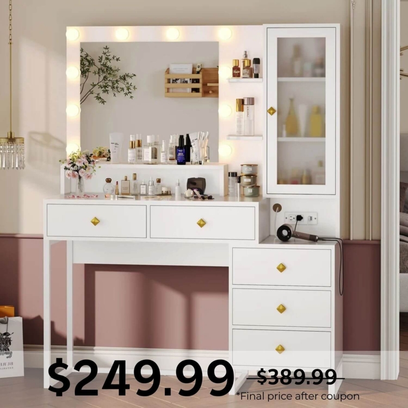 Makeup Vanity Lighted Mirror Glass Front Drawers Built-In Outlet