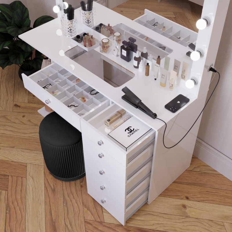 Makeup Vanity Partitioned Drawers Glass Top Lighted Mirror USB Port