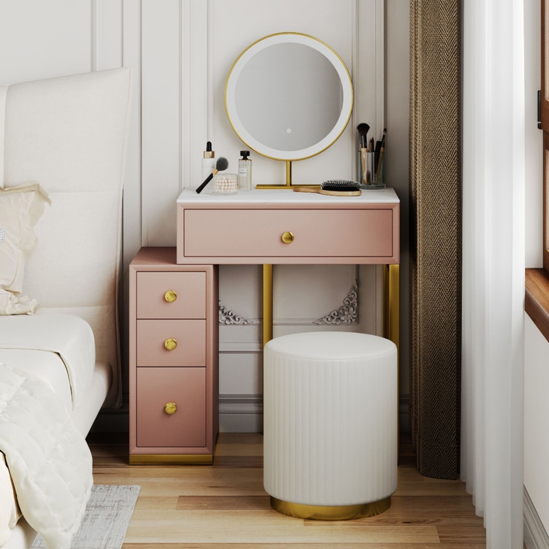 Makeup Vanity Pink Monochrome Set Stone Top Vanity with Stool Minimalist