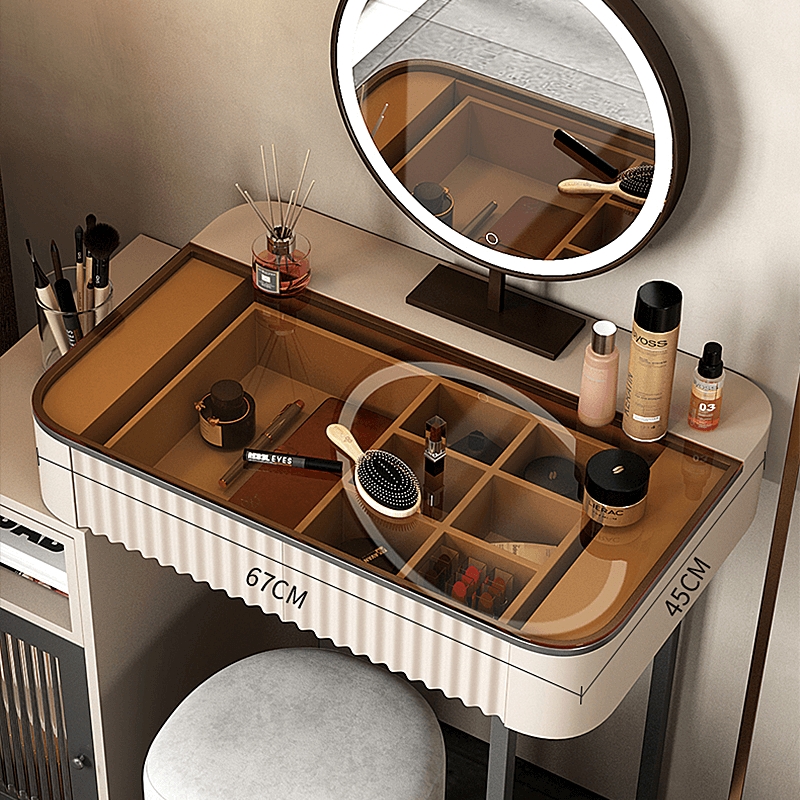 Makeup Vanity Set Amber Glass Top Fluted Drawers Lighted Mirror