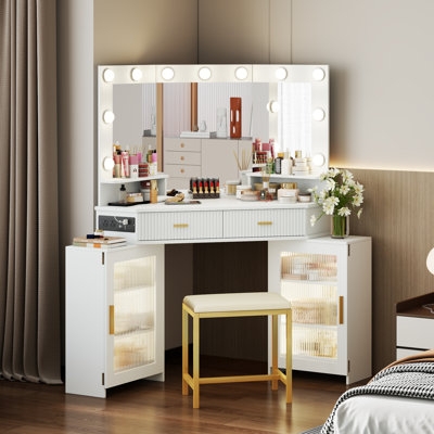 Makeup Vanity Set Corner Configuration with Reed-Glass Cabinets