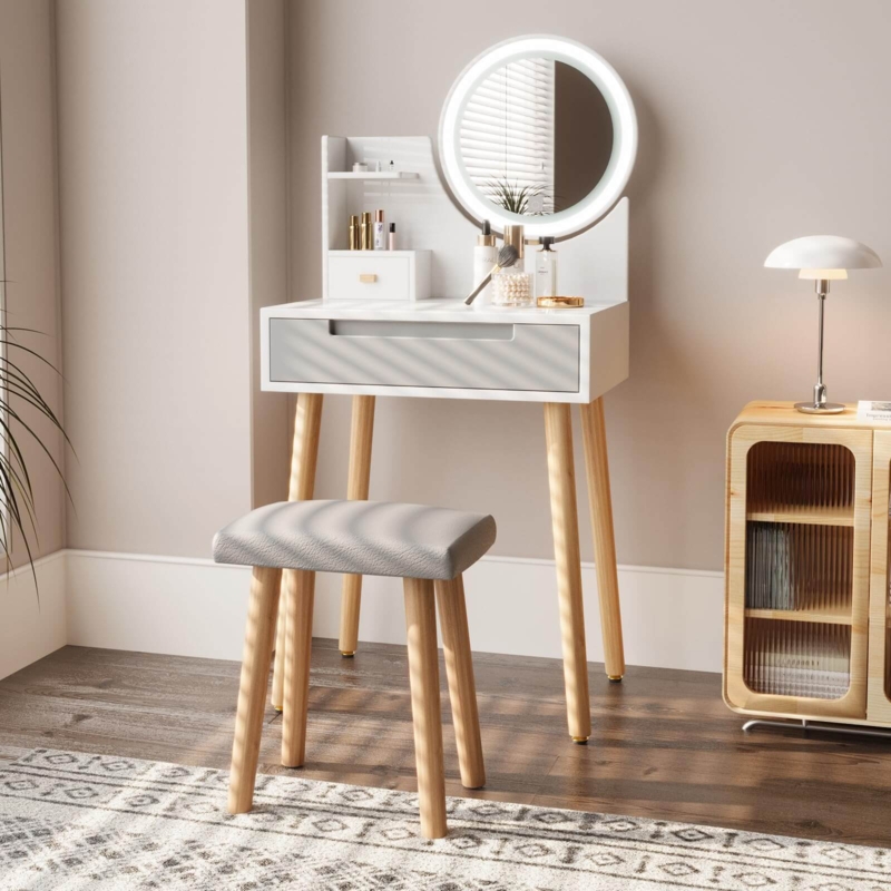 Makeup Vanity Set Scandinavian Style with Round LED Mirror