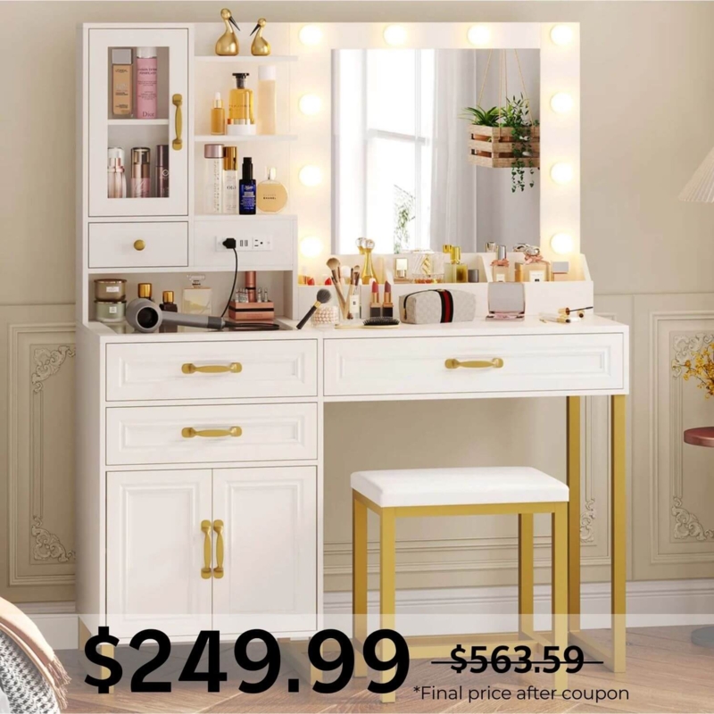 Makeup Vanity Set White Gold Legs Hutch Storage Glass Door