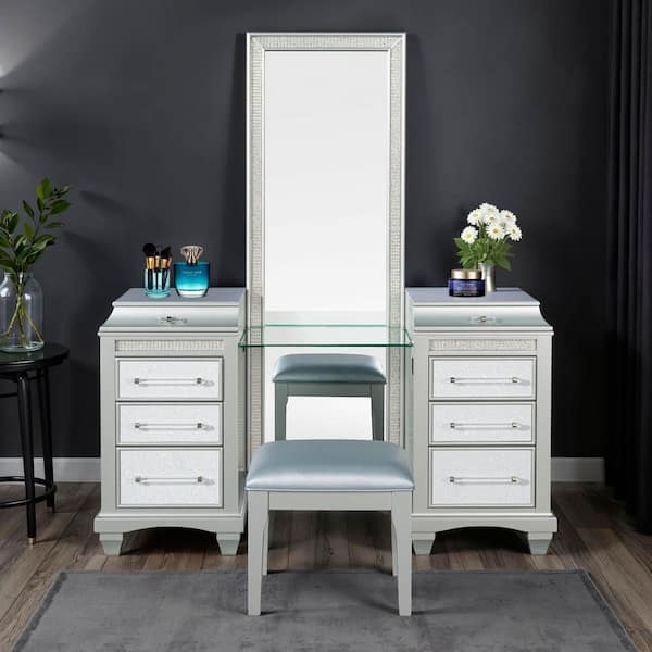 Makeup Vanity Set White Minimalist Single Drawer Gold Hardware