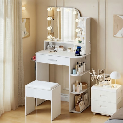 Makeup Vanity Set with Hollywood Lighted Mirror and Shelving