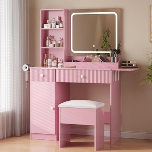 Makeup Vanity Set with LED-Lit Mirror, Fluted Drawers, Storage Stool