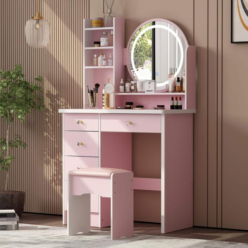 Makeup Vanity Set with LED Ring Mirror and Multi-Tier Shelving