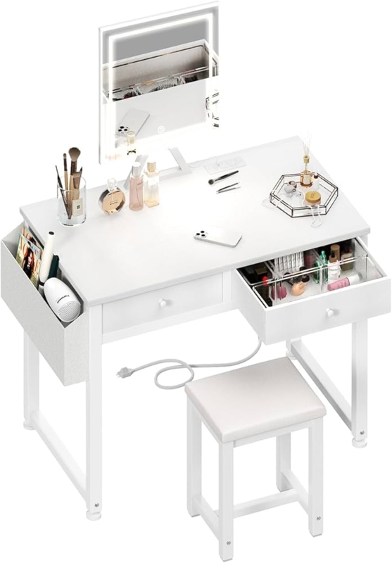 Makeup Vanity Set with Side Fabric Pocket & Power Strip