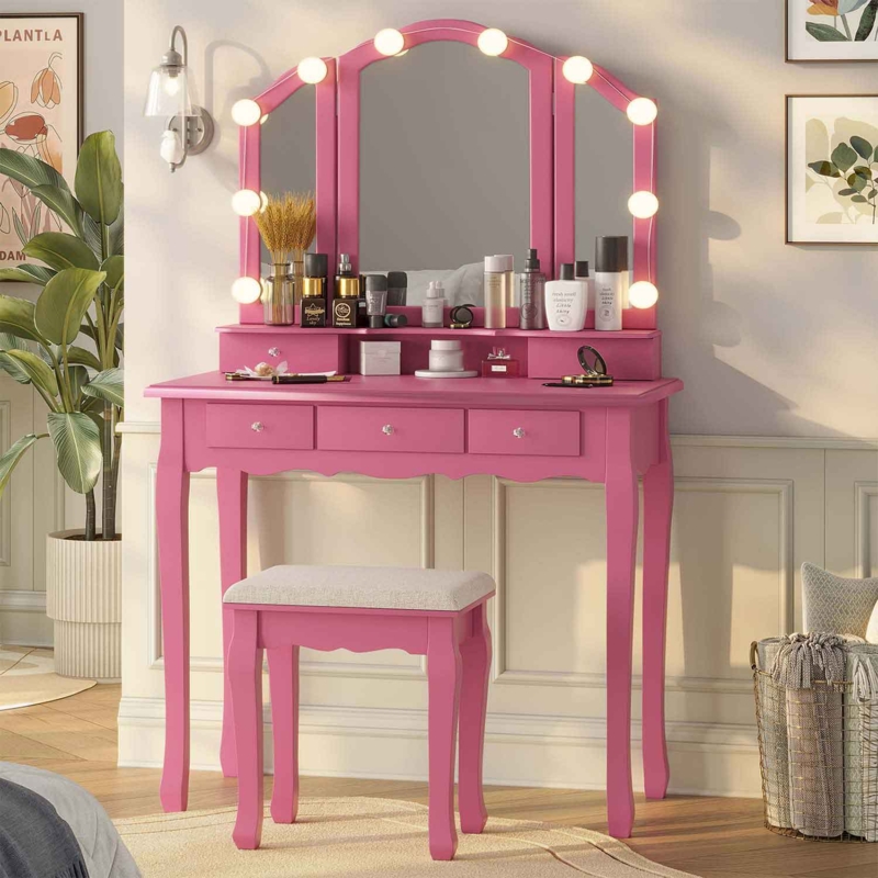 Makeup Vanity Set with Trifold Lighted Mirror and Cushioned Stool