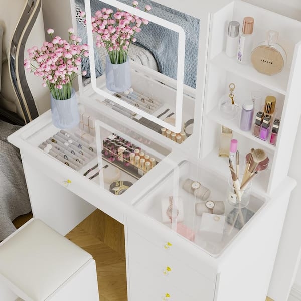 Makeup Vanity Sliding LED Mirror Built-in Organizers Stool