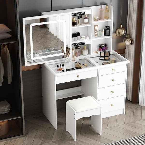 Makeup Vanity Sliding Mirror Shelves Crystal Accent Lighting Stool