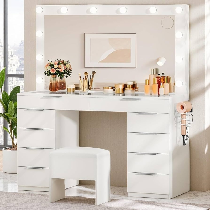 Makeup Vanity Ten Drawers Hollywood Mirror Hair Dryer Holder