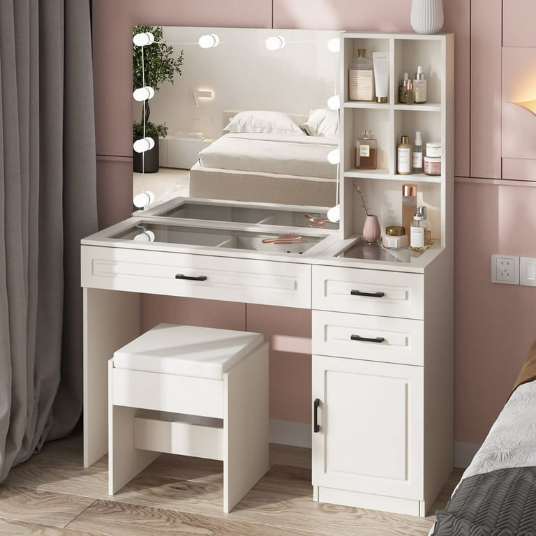 Makeup Vanity Theater Lighting Integrated Hutch Open Shelving Stool