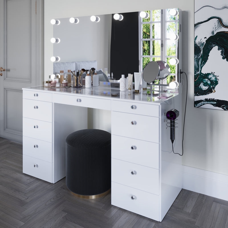 Makeup Vanity Thirteen Light Bulbs Eleven Drawers Side Power Strip