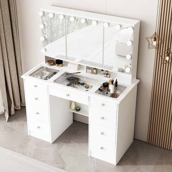 Makeup Vanity Tri-Fold Mirror Integrated Perimeter Lighting Glass Top