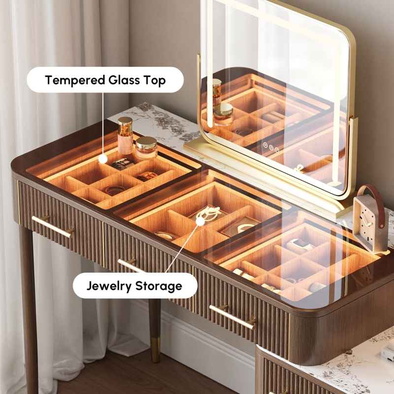 Makeup Vanity Walnut Fluted Drawers Glass Top Jewelry Display