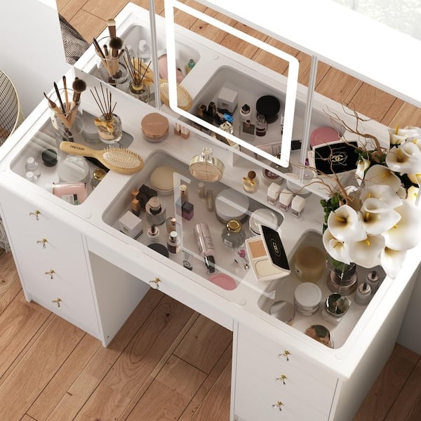 Makeup Vanity White 9 Drawers Glass Top LED Tri-Fold Mirror