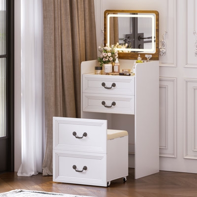 Makeup Vanity White with Nested Drawer Storage Stool