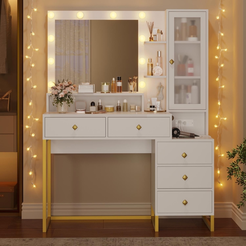 Makeup Vanity with Asymmetrical Tiered Design and LED Mirror White