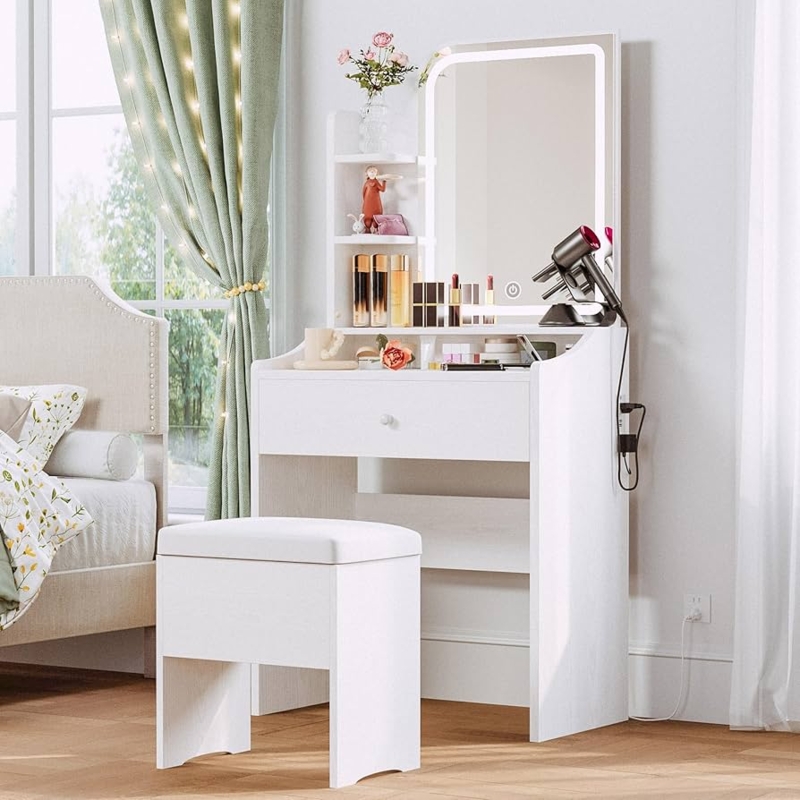 Makeup Vanity with Built-In Power Station and Side Shelves