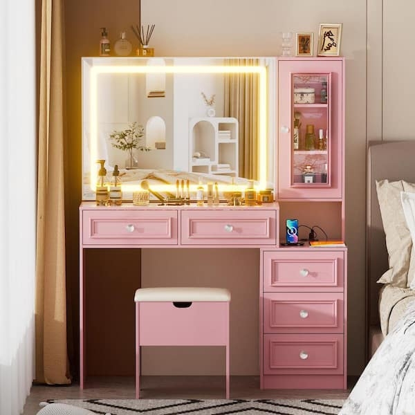 Makeup Vanity with Charging Station and Glass Cabinet Hutch