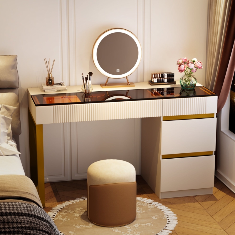 Makeup Vanity with Glass Desktop and Gold Metal Frame