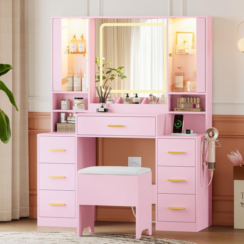 Makeup Vanity with Glass Lit Cabinets and Seven Drawers