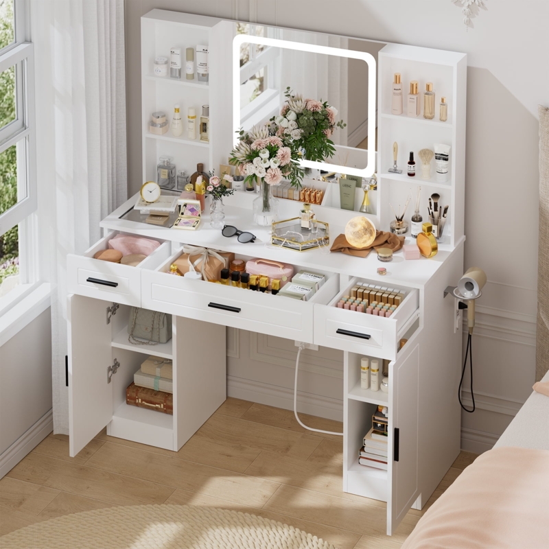 Makeup Vanity with Hair Dryer Holder & Charging Station