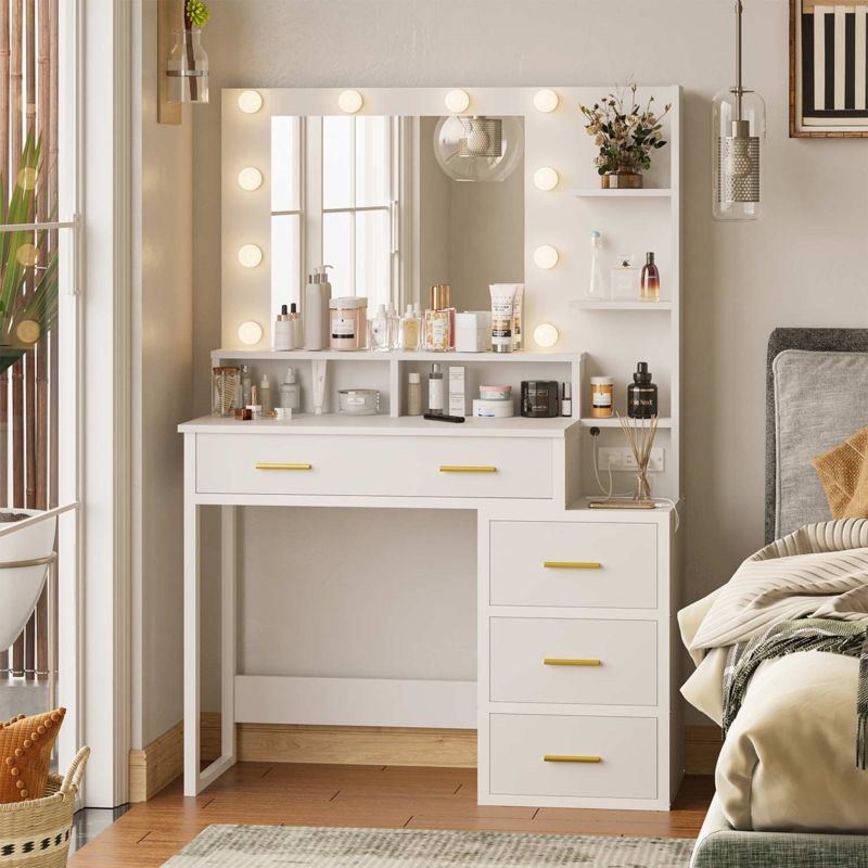 Makeup Vanity with Hollywood Lights, Gold Hardware, and Charging Station